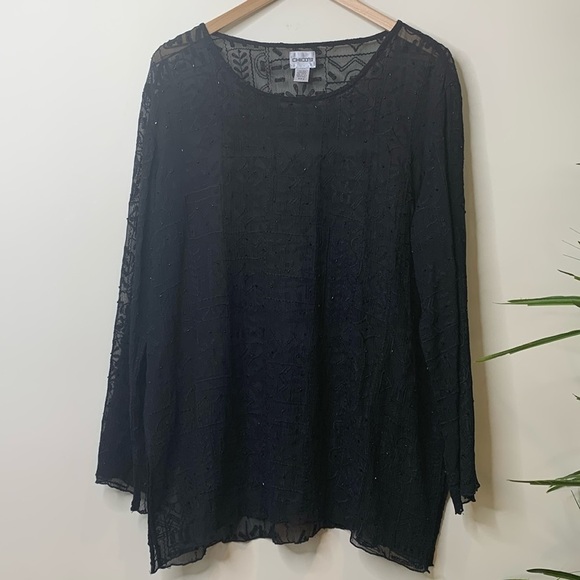 Chico’s | Black Silk Beaded Sheer Bell Sleeve Textured Embroidered Tunic Top 2 M - Picture 1 of 17